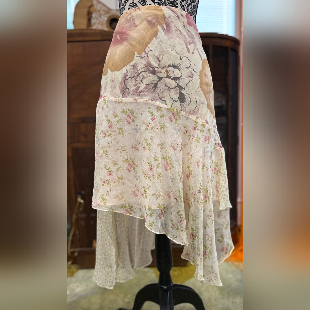 Vintage Women's Express Silk Floral Patchwork Skirt Size Lg